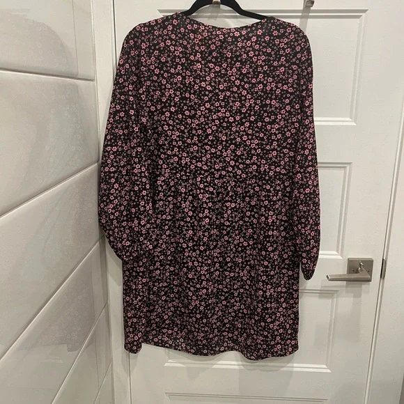 black and pink floral babydoll dress with ruffle neckline - Picture 4 of 4